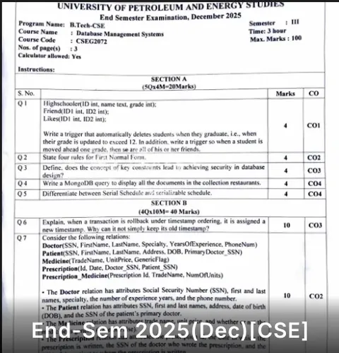 An “End-Sem 2025 (Dec)” resource card showing the first page of the past paper.