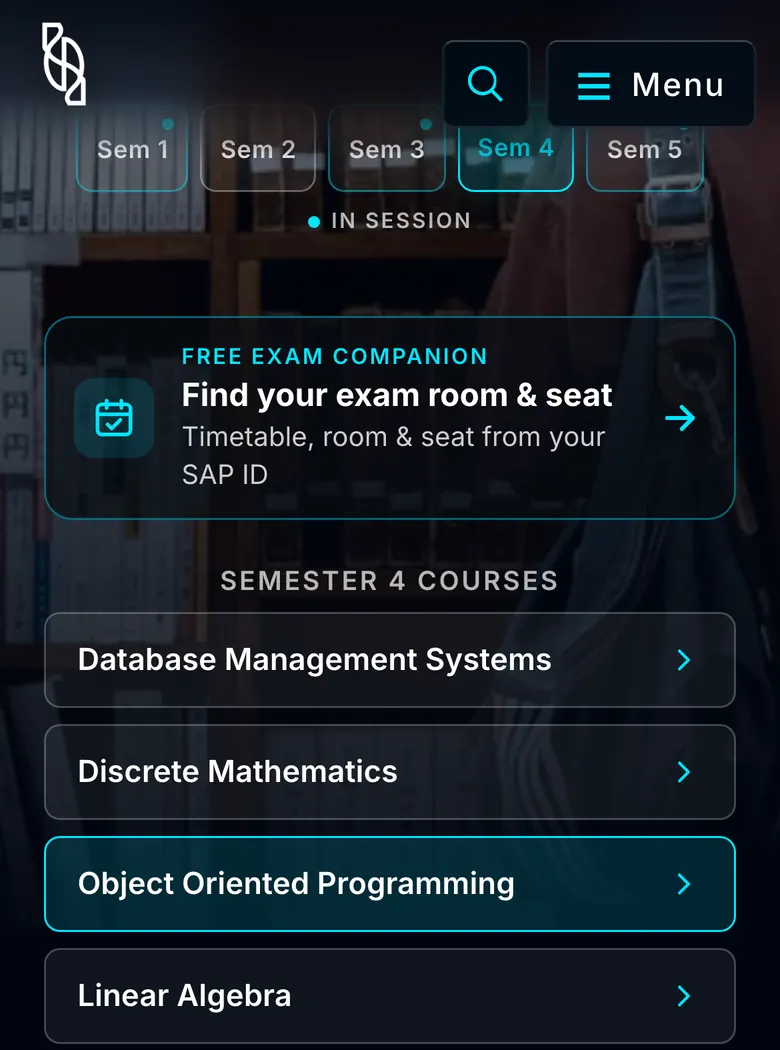 UniCheatSheet homepage on a phone with Semester 4 selected, listing its courses: Database Management Systems, Discrete Mathematics, Object Oriented Programming and Linear Algebra.