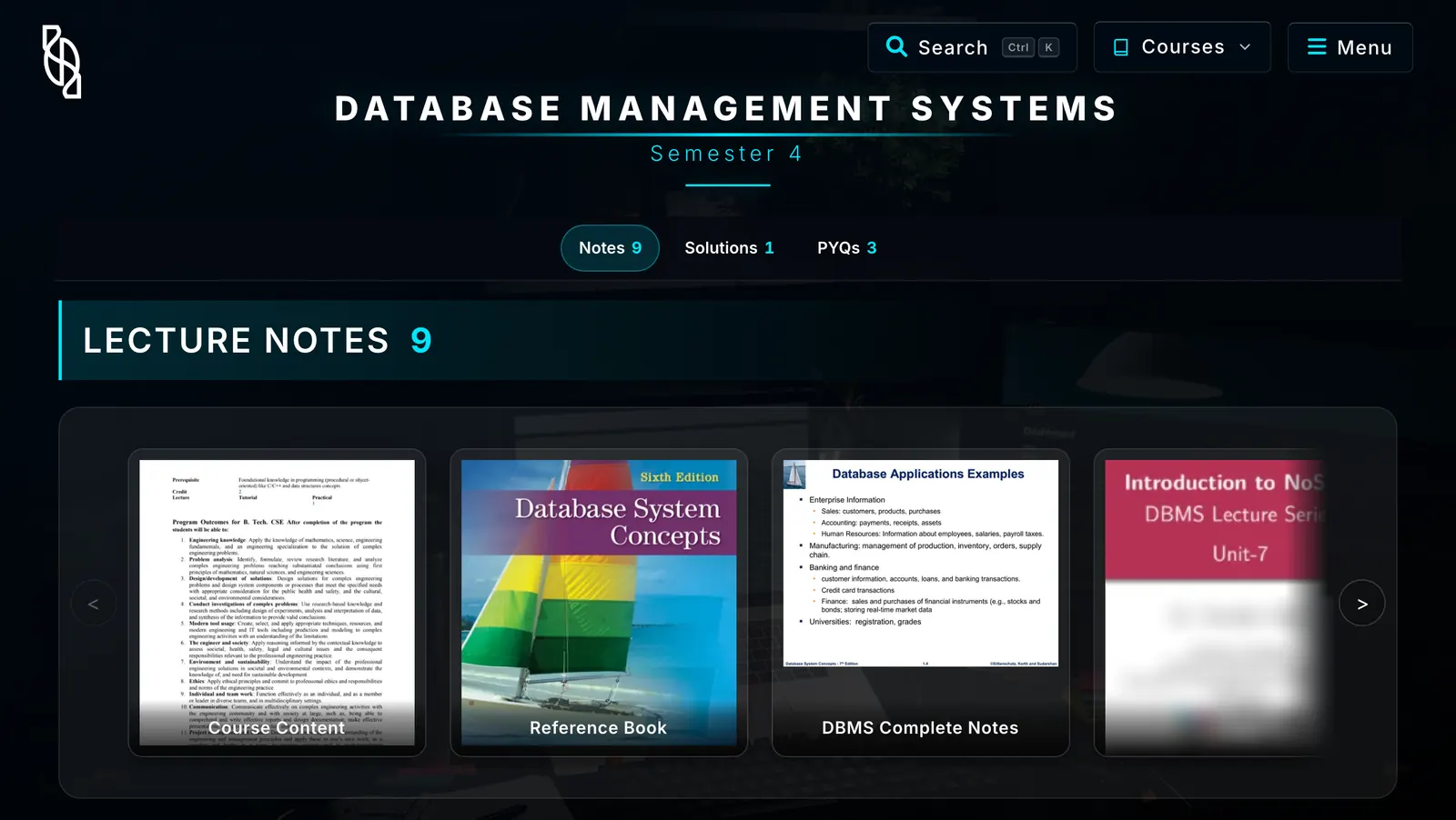 The Database Management Systems course page on UniCheatSheet: tabs for Notes (9), Solutions (1) and PYQs (3) above a row of lecture-note cards with document thumbnails.