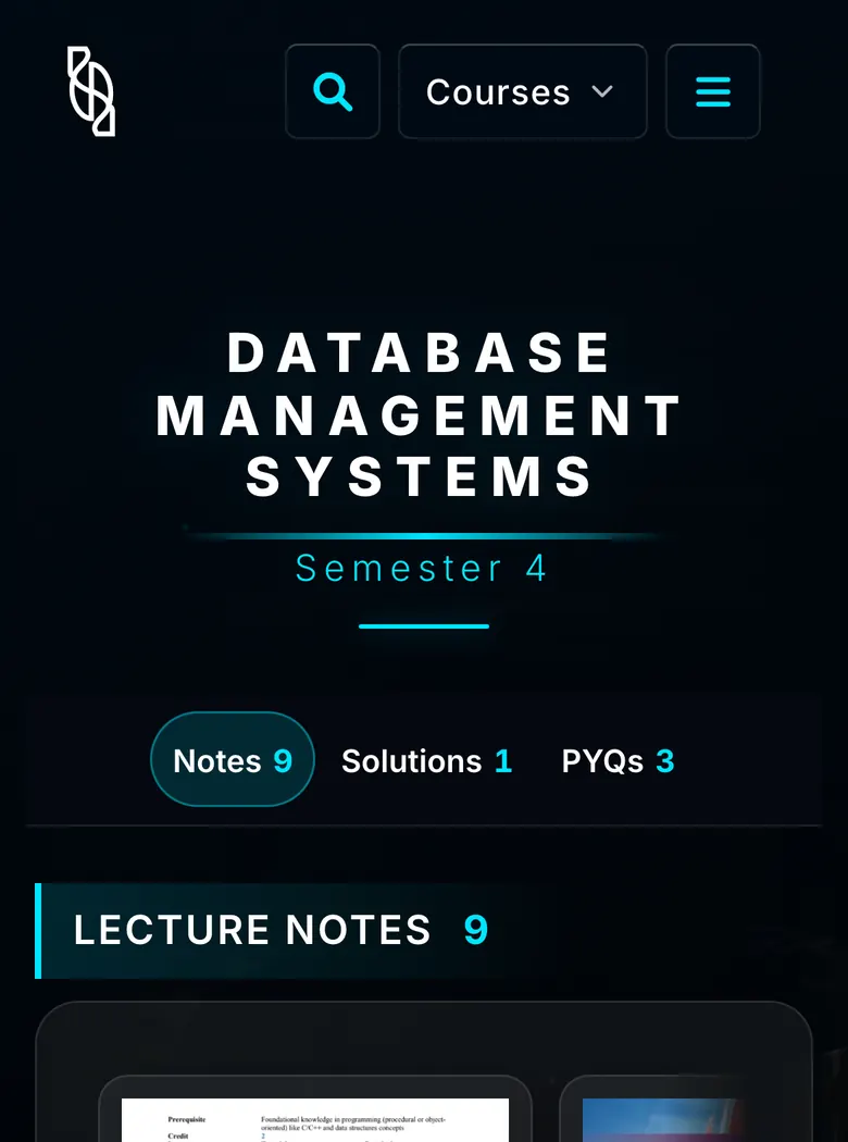 The Database Management Systems course page on a phone: tabs for Notes (9), Solutions (1) and PYQs (3), with the lecture notes listed first.