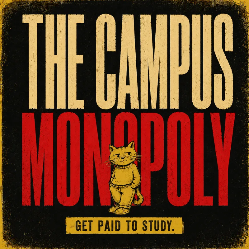 The Campus Monopoly course artwork: the title in cream and red block lettering on black with a yellow cartoon cat.