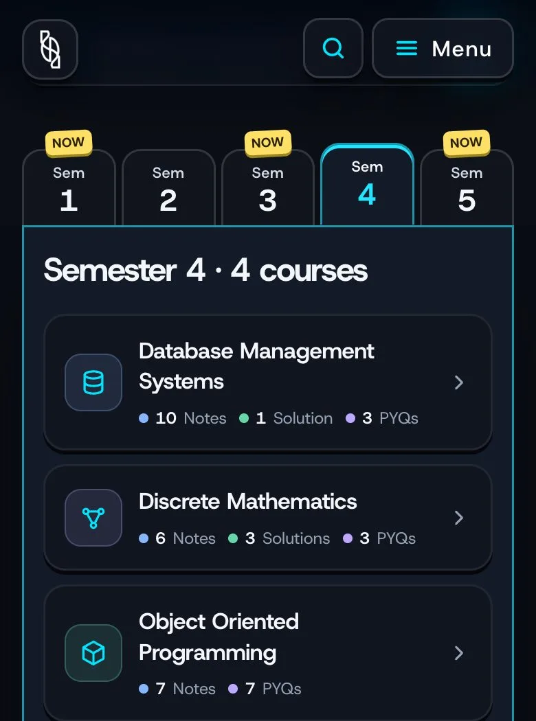 UniCheatSheet on a phone with Semester 4 selected, listing its courses with their note, solution and PYQ counts